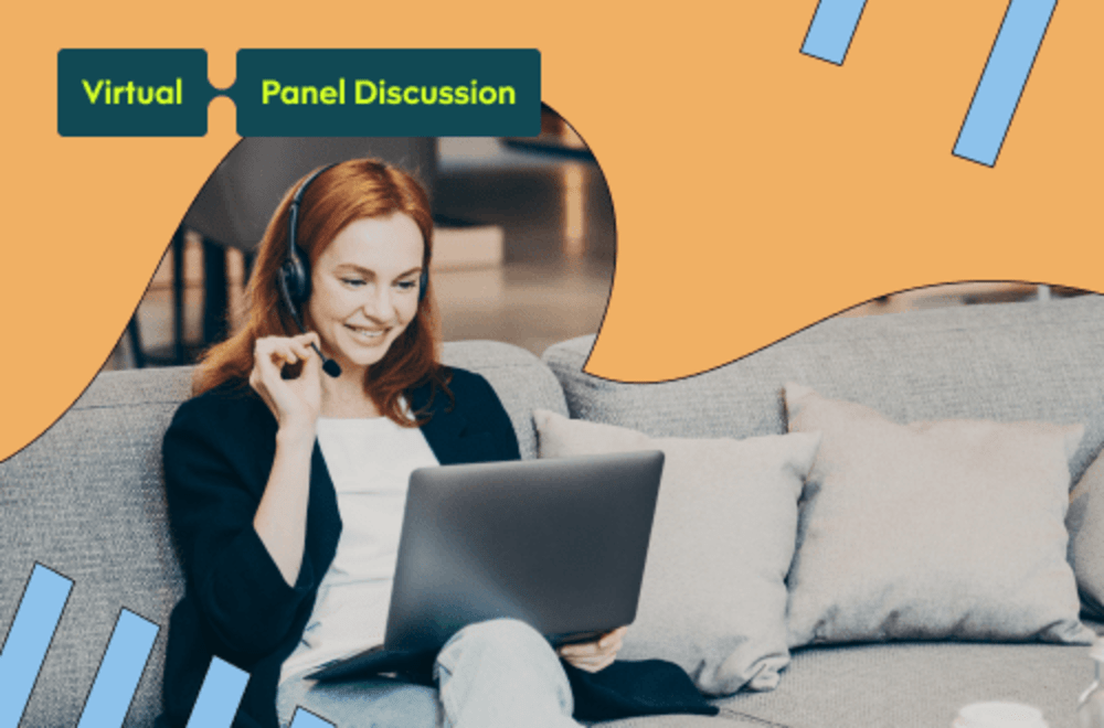 Woman sitting on couch with headset on a call