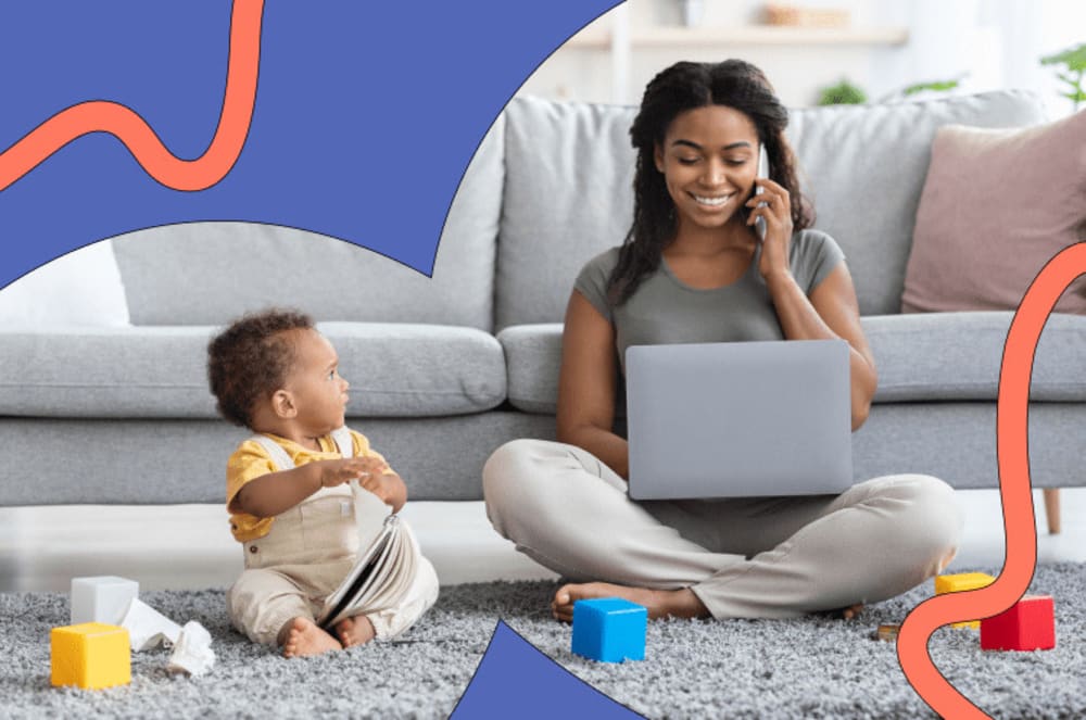 Women working from home and talking on the phone while taking care of a young child