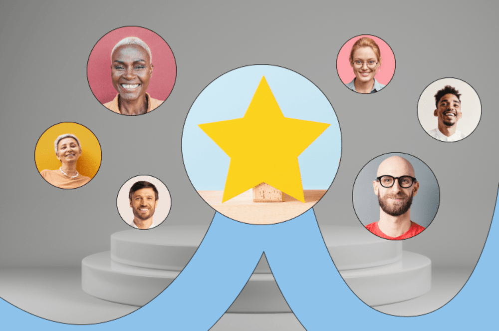 Varuous faces in bubbes, with a star in the middle, representing professional development