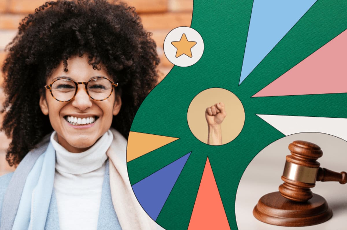 Woman with brown hair and glasses next to a judge's gavel, representing a Subject Matter Expert