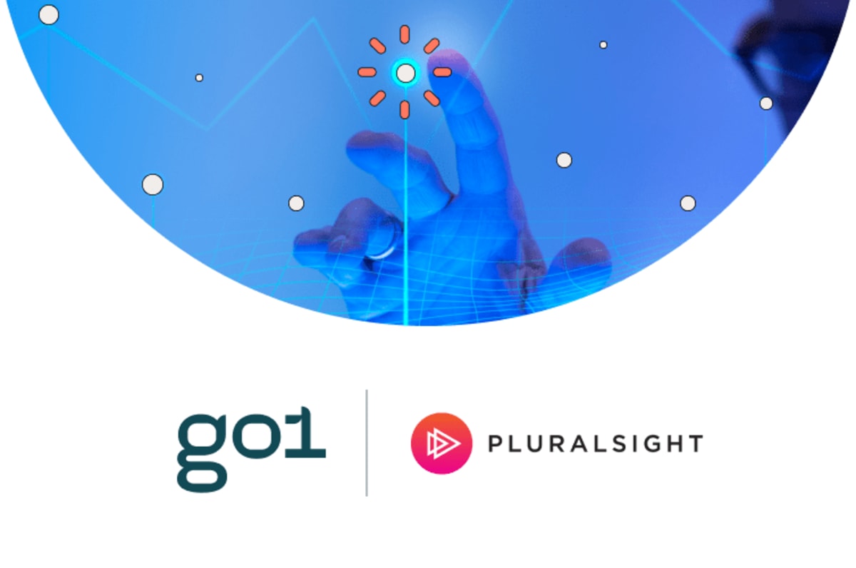Go1 and Pluralsight logos with tech graphic