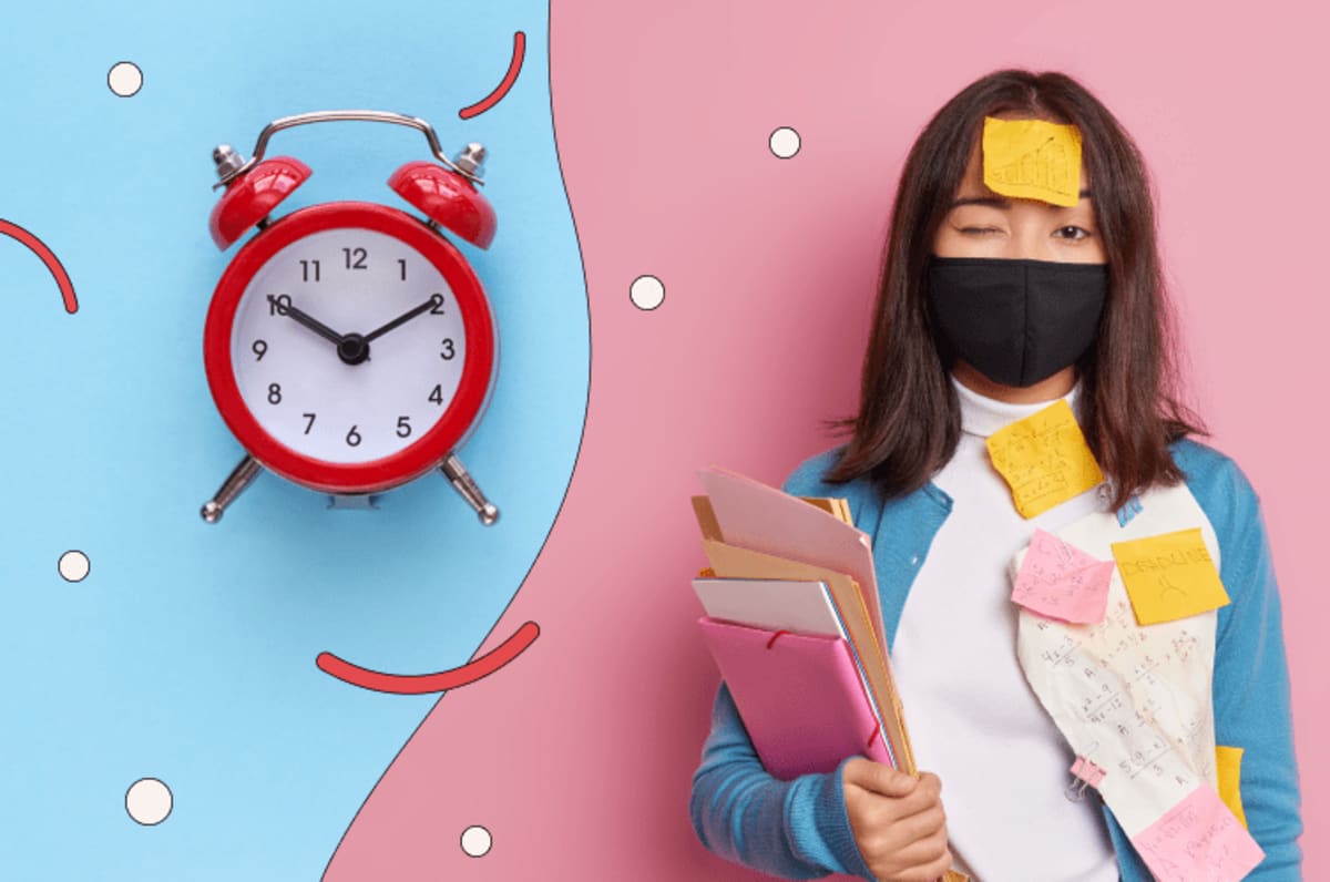 Overwhelmed woman with post-it notes on her face and body, next to an alarm clock