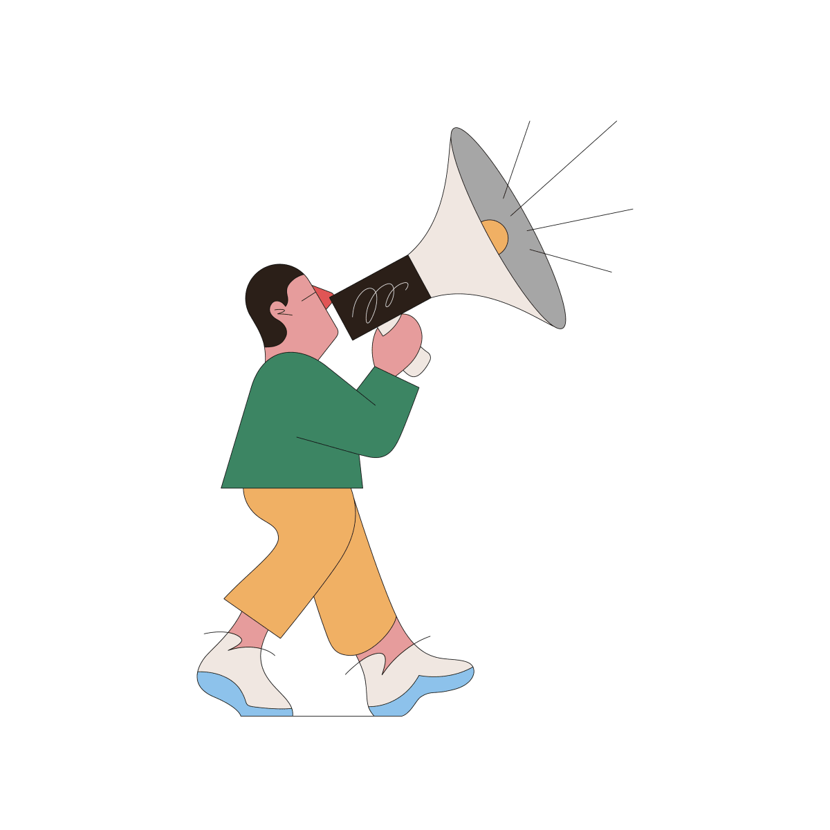 A stylised illustration of a person walking, speaking through an oversized megaphone.
