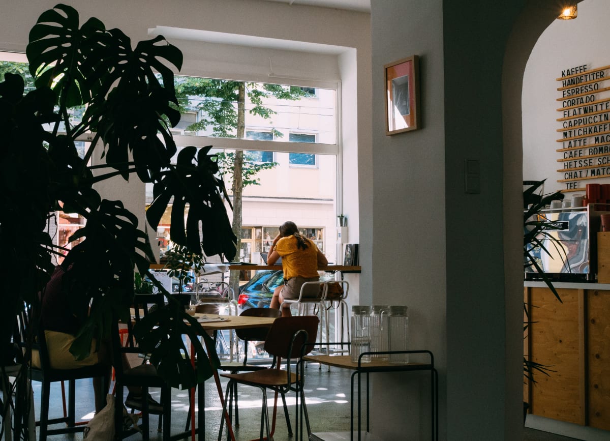 Woman reading alone in a cafe
