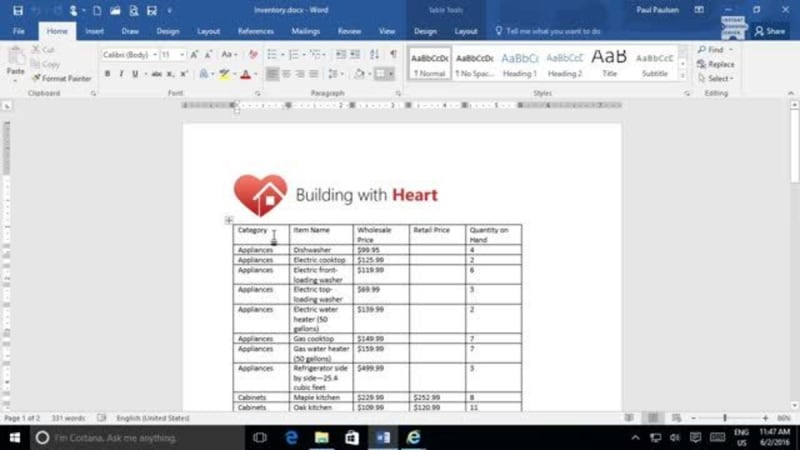 Organizing Content Using Tables and Charts in Word 2016: Control Cell Layout