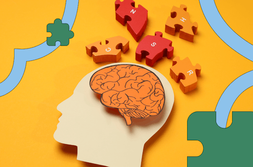Cartoon brain with puzzle pieces clicking into place