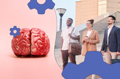 Three workers looking ahead towards a brain graphic