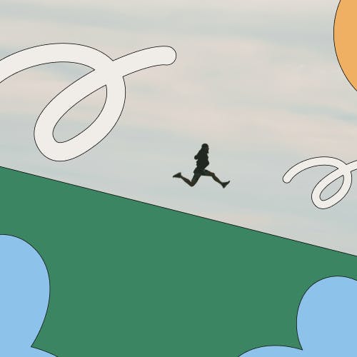 Bright graphic of person skipping down a hill