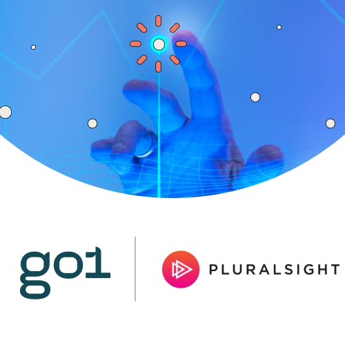 Go1 and Pluralsight logos with tech graphic