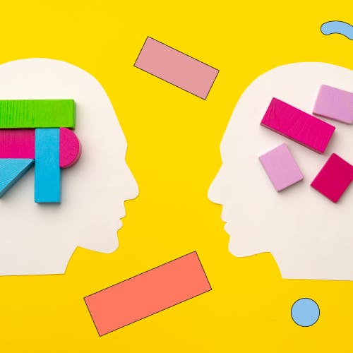 Animated outline of two people's heads, showing different building blocks in their brains, representing neurodiversity