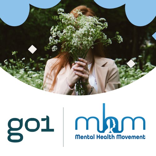 Female holding a bunch of flowers in front of her face with logos underneath