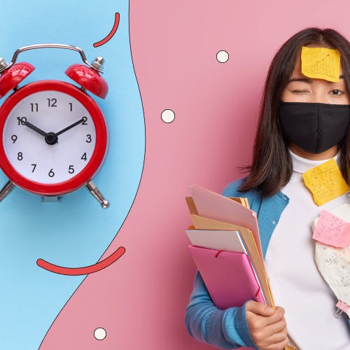 Overwhelmed woman with post-it notes on her face and body, next to an alarm clock
