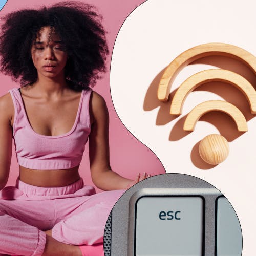 Woman in a pink yoga outfit meditating next to a wifi symbol, to symbolise digital wellbeing