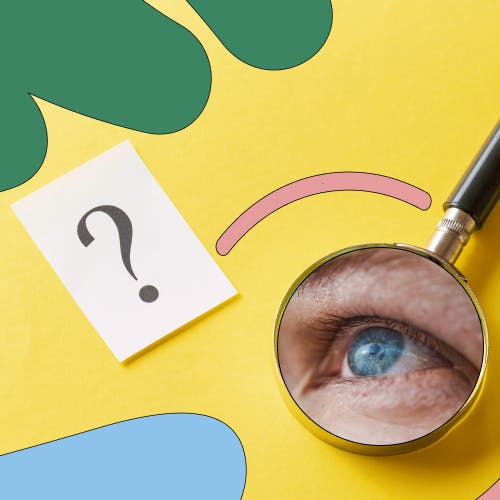Eye looking into a magnifying glass, next to a question mark on a white piece of paper, representing skill gaps