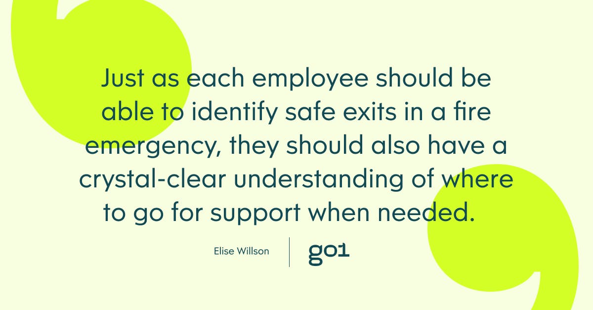Quote graphic: Just as each employee should be able to identify safe exits in a fire emergency, they should also have a crystal-clear understanding of where to go for support when needed.