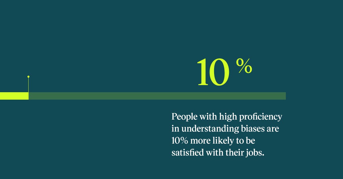 Pull quote with the text: people with high proficiency in understanding biases are 10% more likely to be satisfied with their jobs