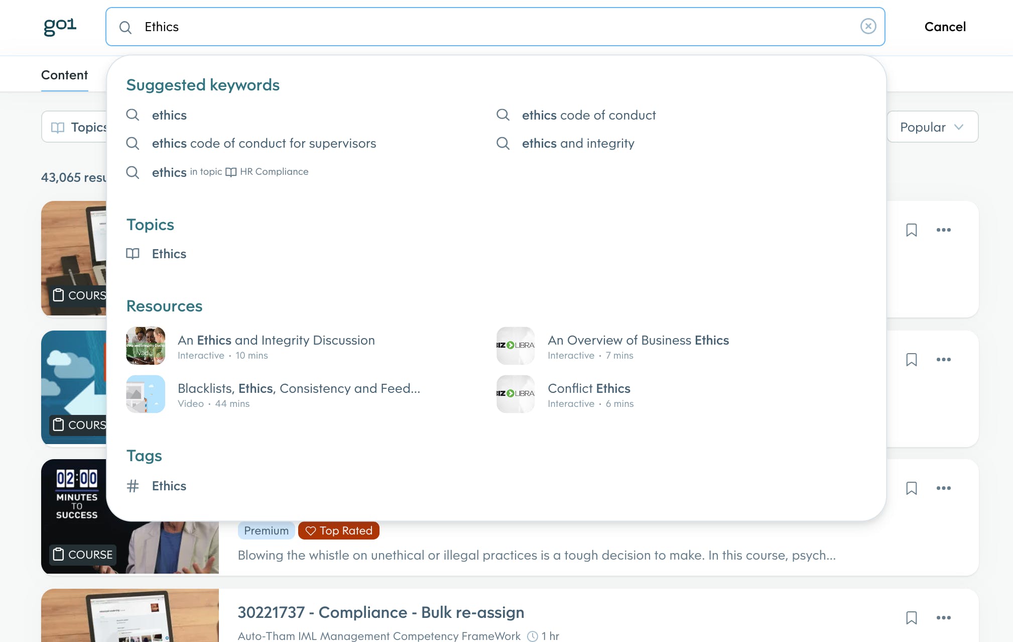 A screenshot showing that you can now use the keyword search to get helpful suggestions for more targeted search results