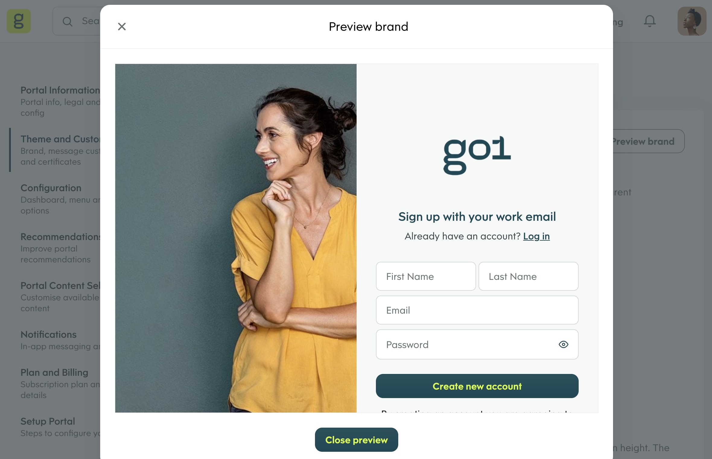 A screenshot showing your ability to preview your updates to your Go1 Platform branding before saving.