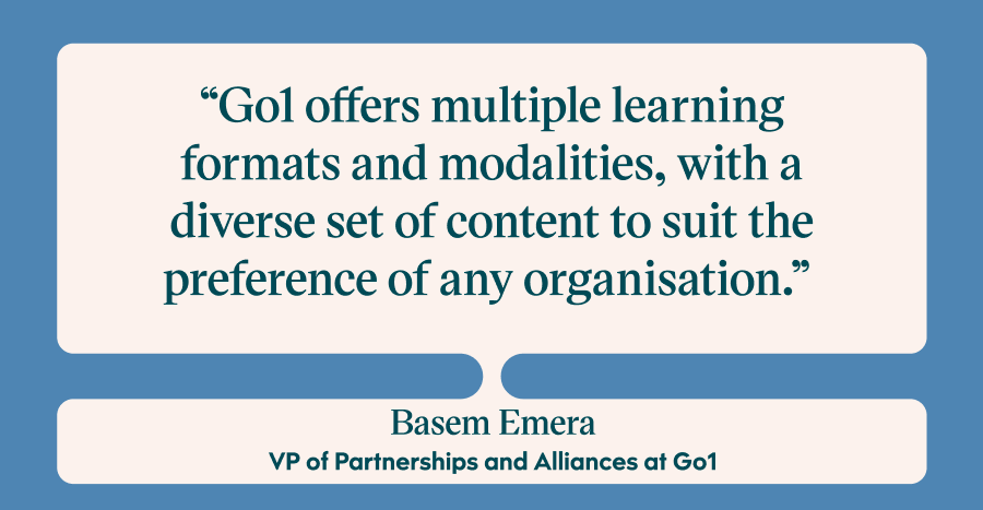 Pull quote with the text: Go1 offers multiple learning formats and modalities, with a diverse set of content to suit the preference of any organisation