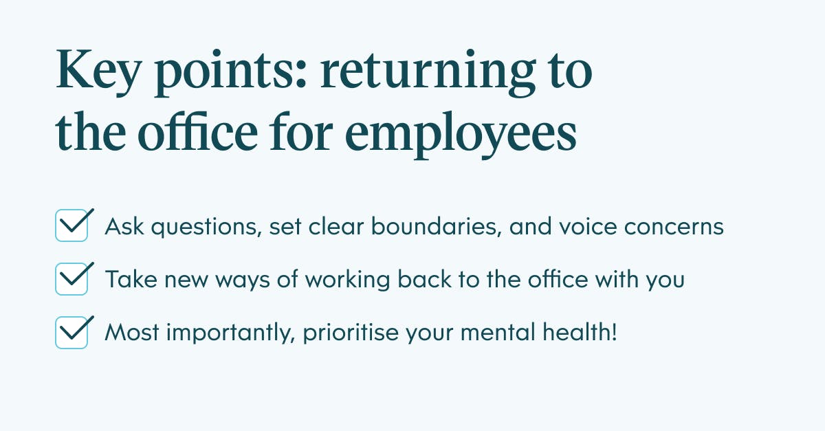 Infographic showing key points of returning to office life for employees