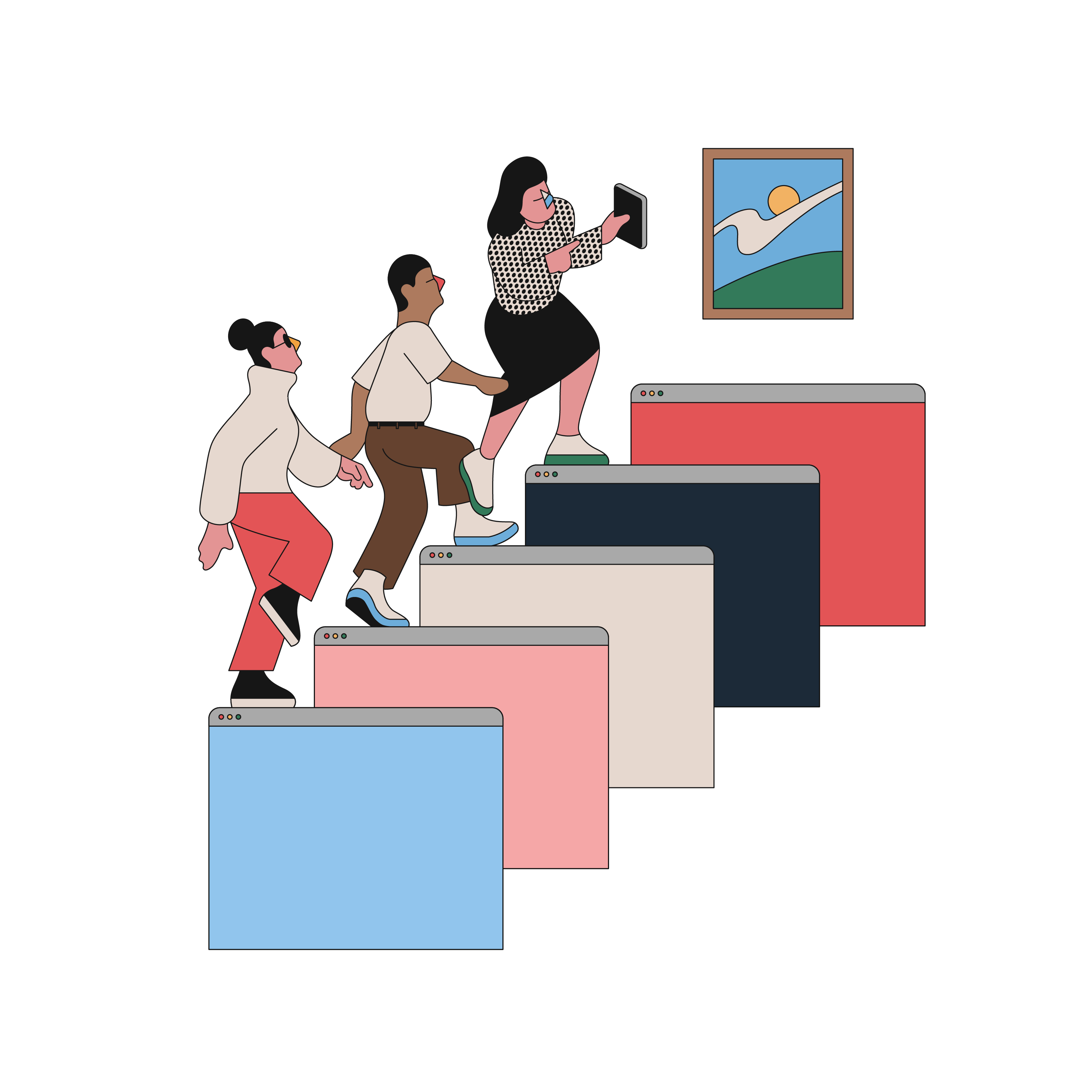 icon users climbing a stairway made of windows 