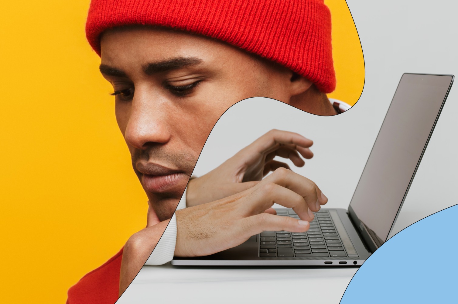 Man in a red beanie typing on a laptop, representing a modern learner