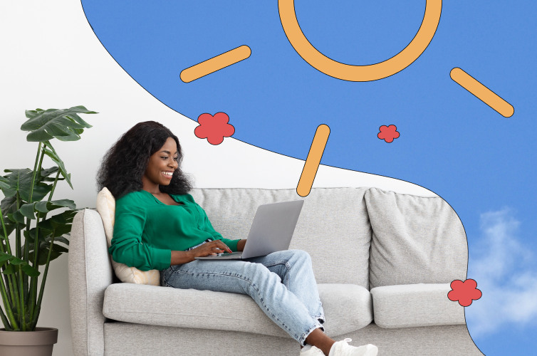 Woman smiling and working on the couch with sunshine in the background, to symbolise a healthy personal life