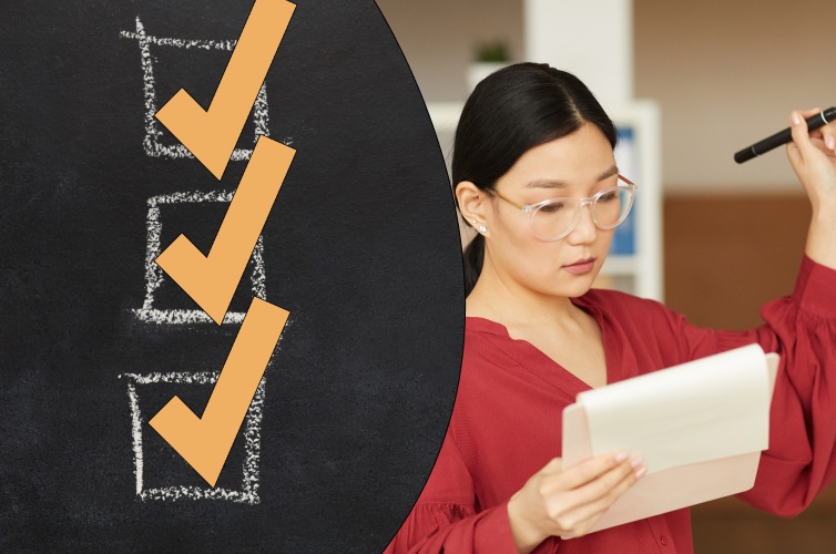 Woman in a red shirt and glasses ticking boxes, representing compliance training