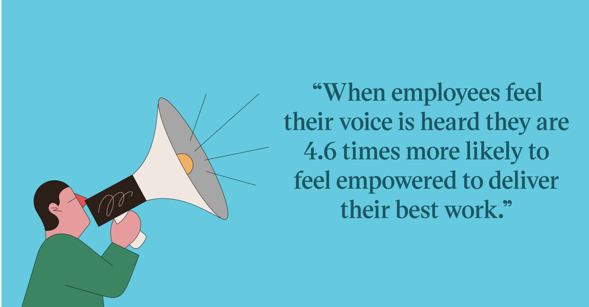 PQ graphic: When employees feel their voice is heard they are 4.6 times more likely to feel empowered to deliver their best work.