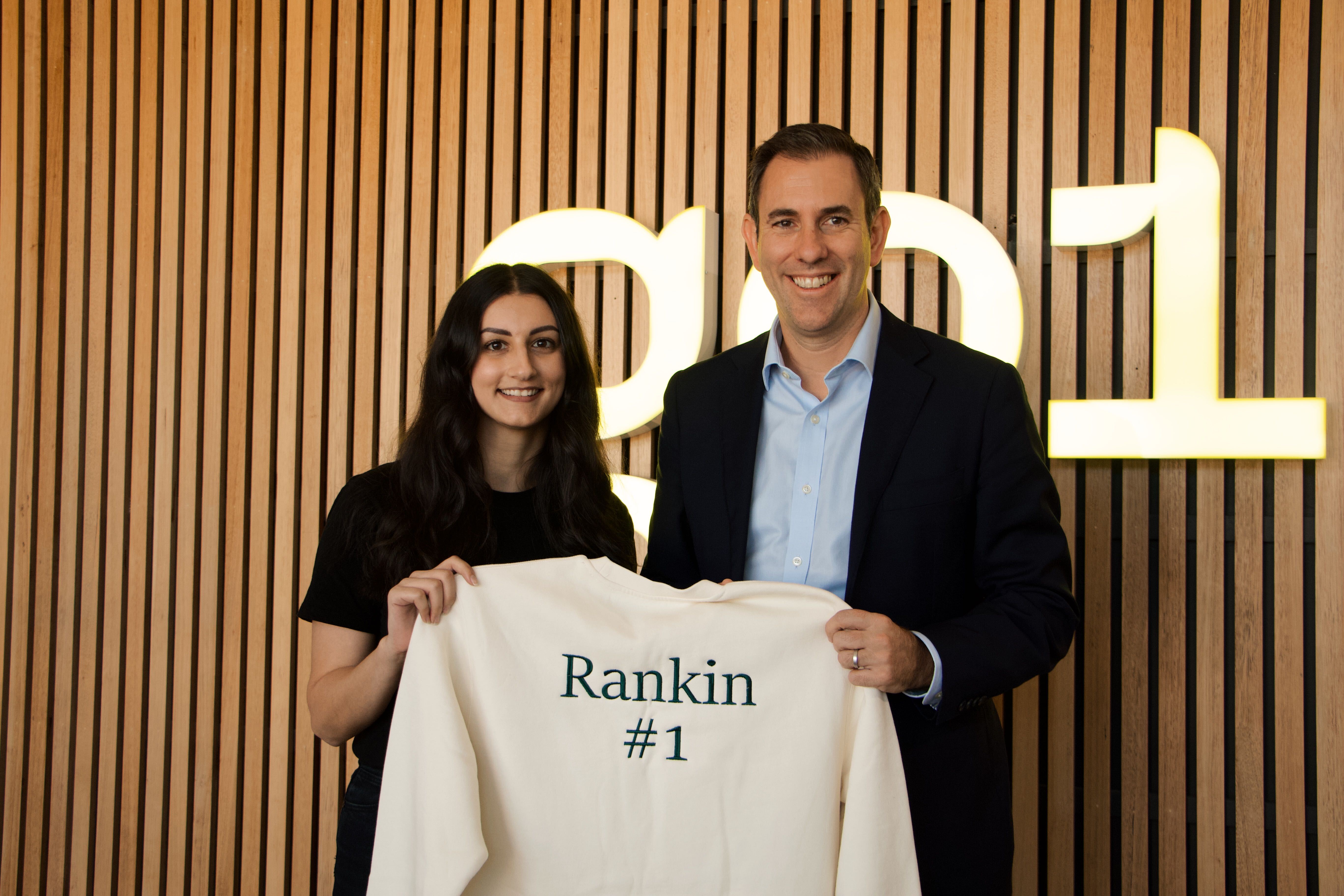 Jim Chalmers, MP and Go1's Tiffany Abi-Fares holding a sweater saying Rankin #1