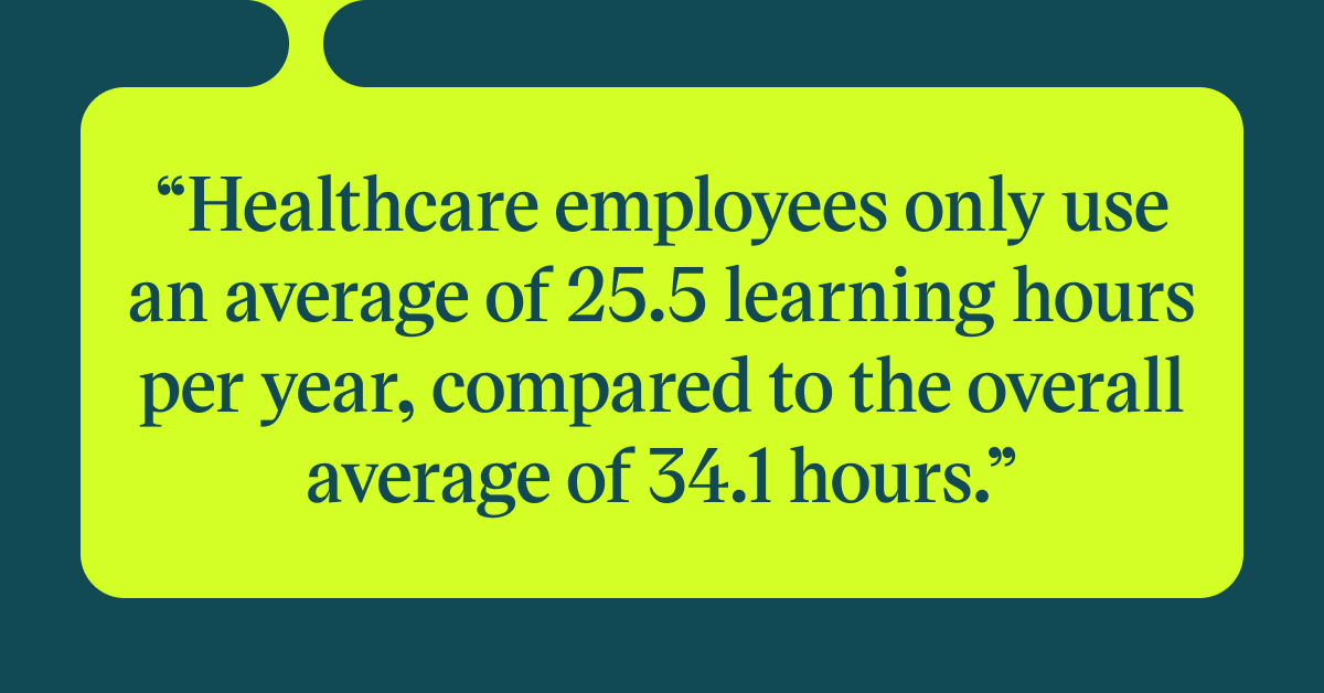 Pull quote with the text: Healthcare employees only use an average of 25.5 learning hours per year, compared to the overall average of 34.1 hours