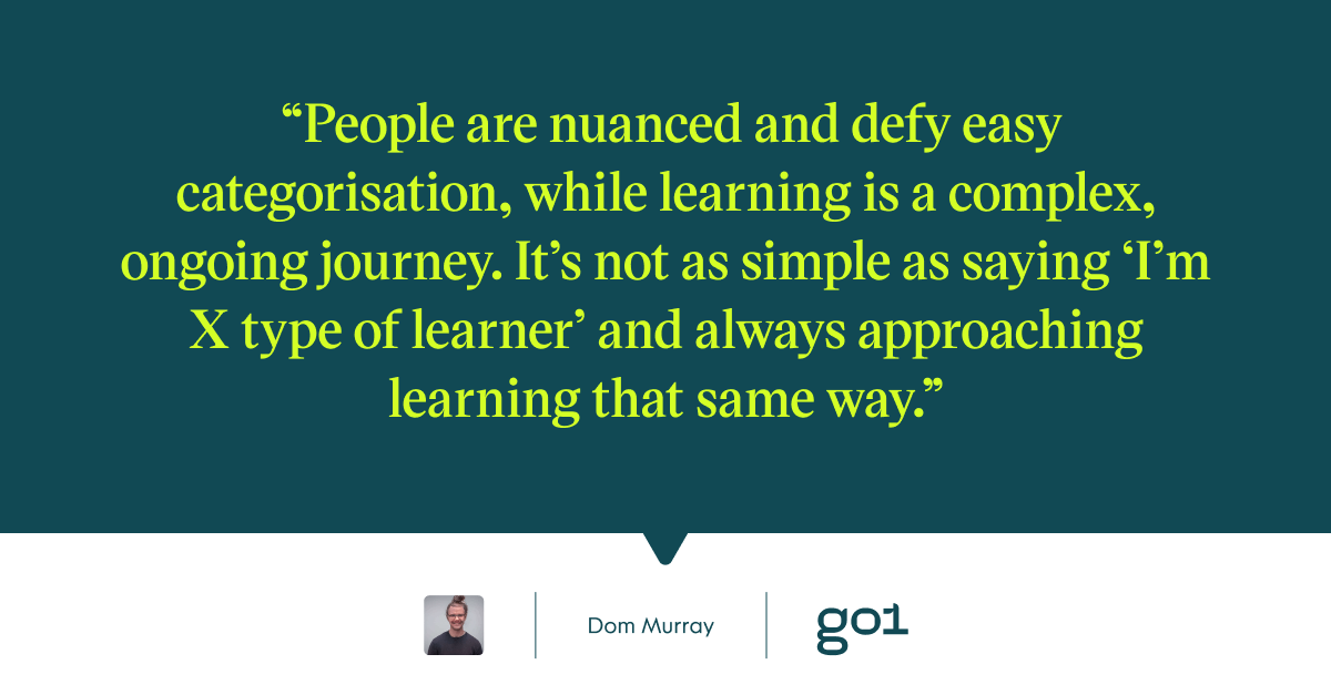 Pull quote with the text: People are nuanced and defy easy categorisation, while learning is a complex, ongoing journey.It's not as simple as saying