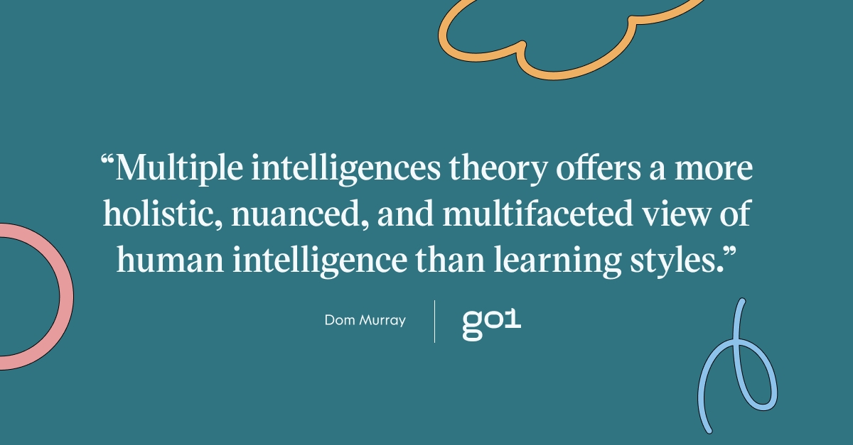 Pull quote with the text: Multiple intelligences theory offers a more holistic, nuanced, and multifaceted view of human intelligence than learning styles