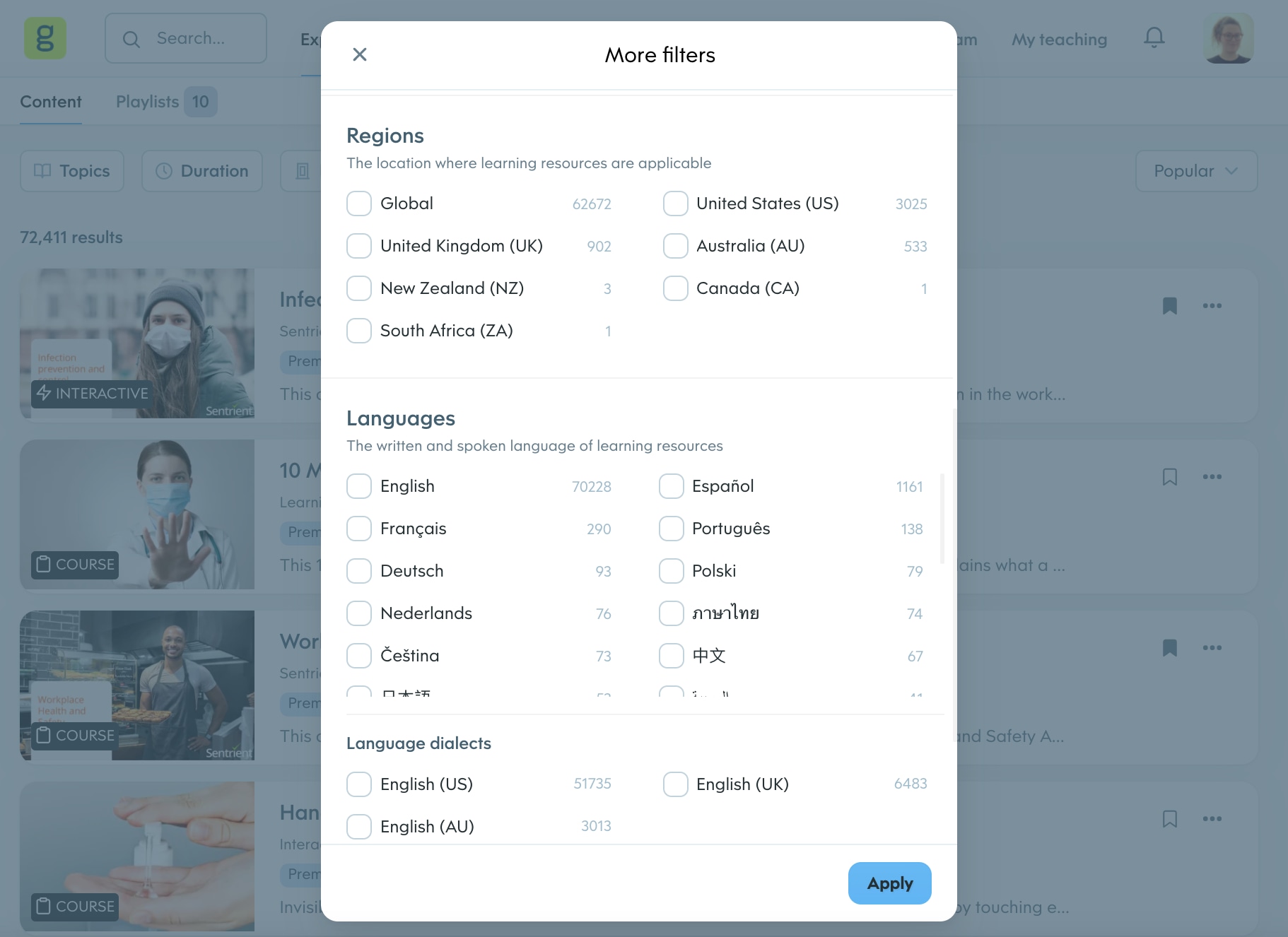 A screenshot showing that more filters are now available to you, including language dialects and regions