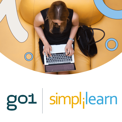 Woman typing on a laptop above the Go1 and Simplilearn logos