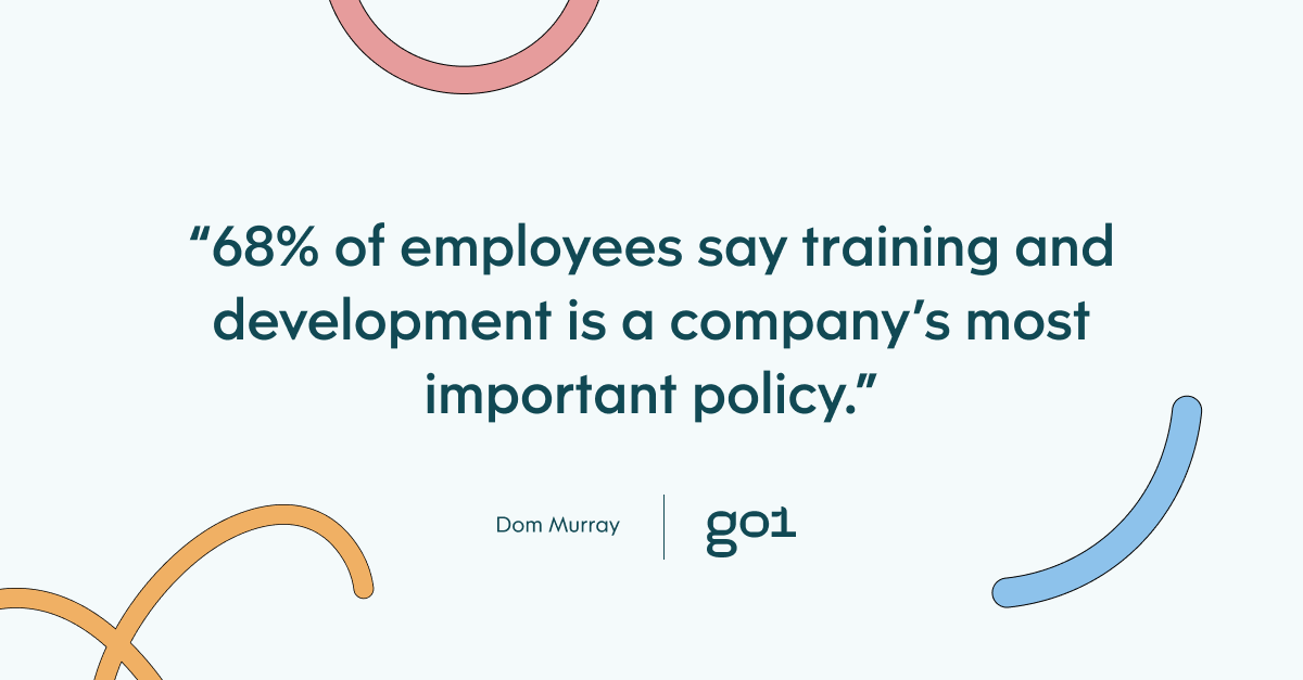 Pul quote with the text: 68% of employees say training and deveopment is a company's most important policy