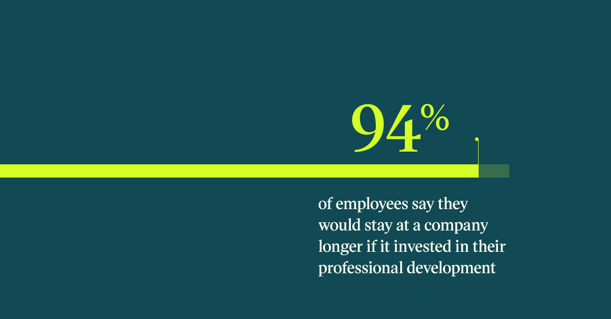Pull quote with the text: 94% of employees say they would stay at a company longer if it invested in their professional development
