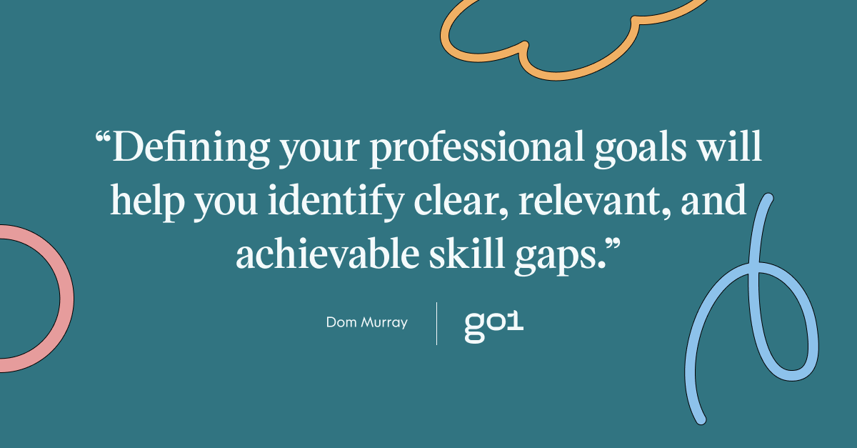 Pull quote with the text: defining your professional goals will help you identify clear, relevant, and achievable skill gaps