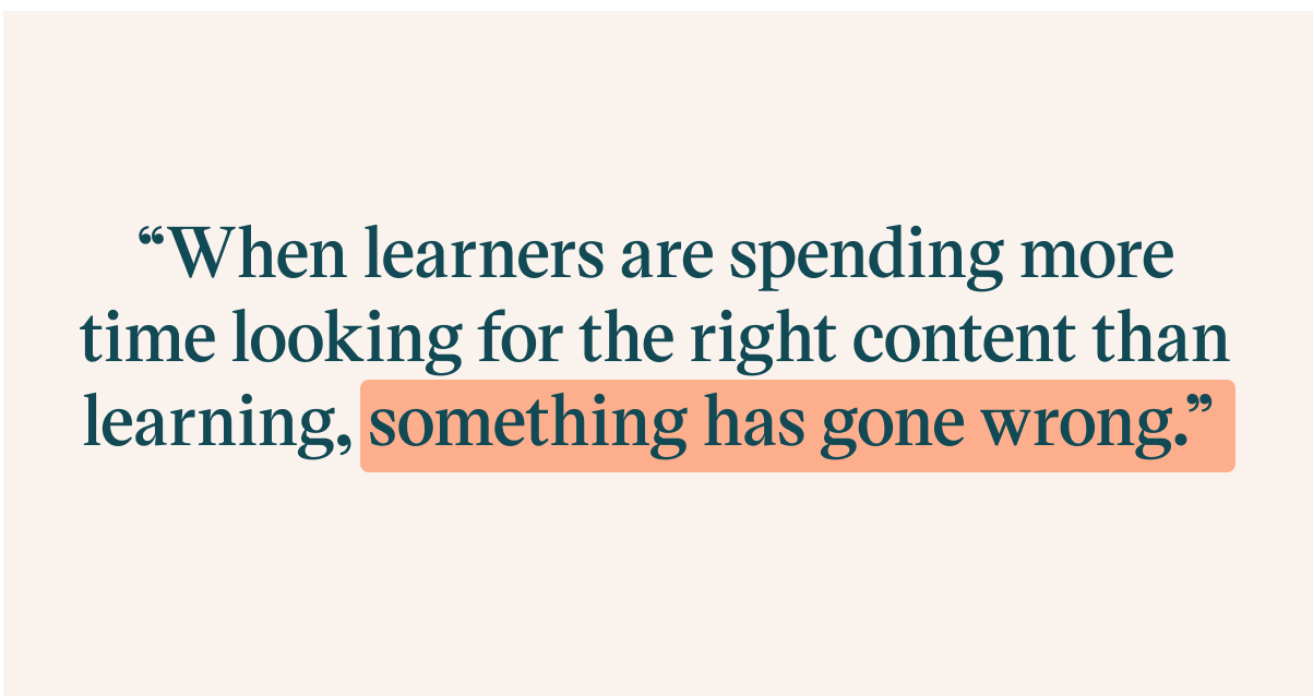 Pull quote with the text: when learners are spending more time looking for the right content than learning, something has gone wrong