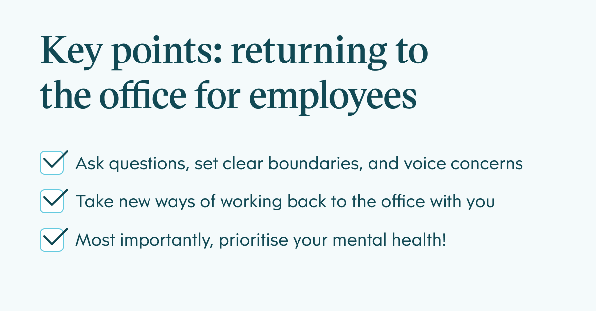 Infographic showing key points of returning to office life for employees