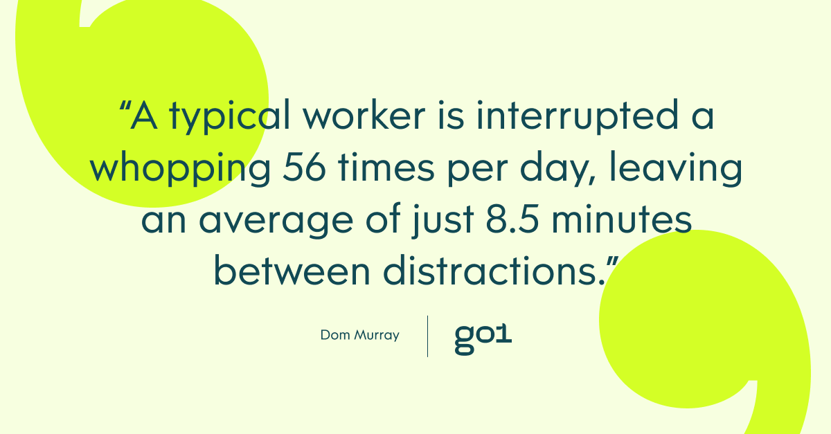 Pull quote with the text: A typical worker is interrupted a whopping 56 times per day, leaveing an average of just 8.5 minutes between distractions