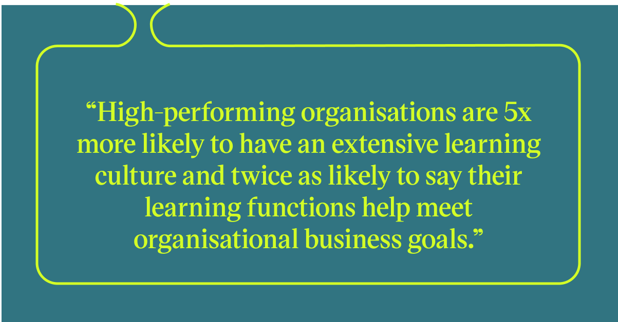 Pull quote withthe text: High-performing organisations are 5x more likely to have an extensive learning culture