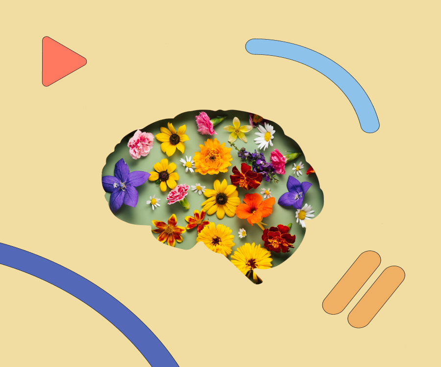 silhouette of a human brain with wildflowers inside it