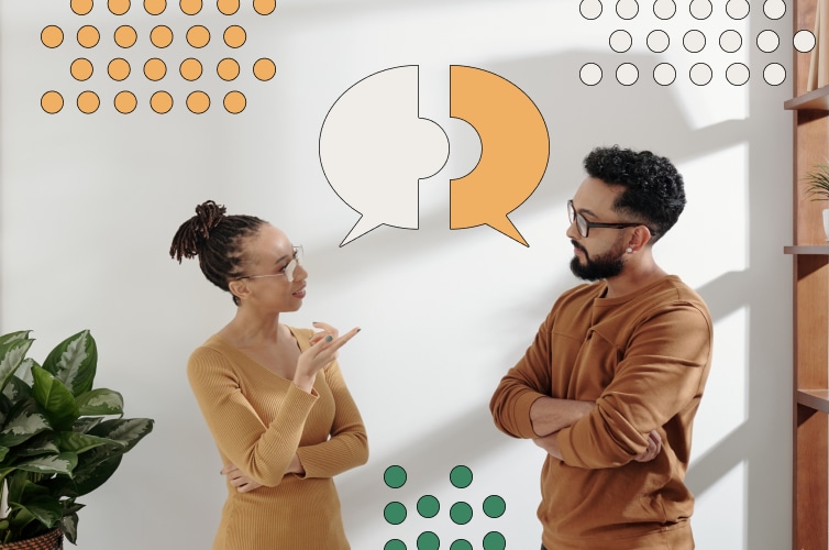 Two people having a conversation with speech bubbles 