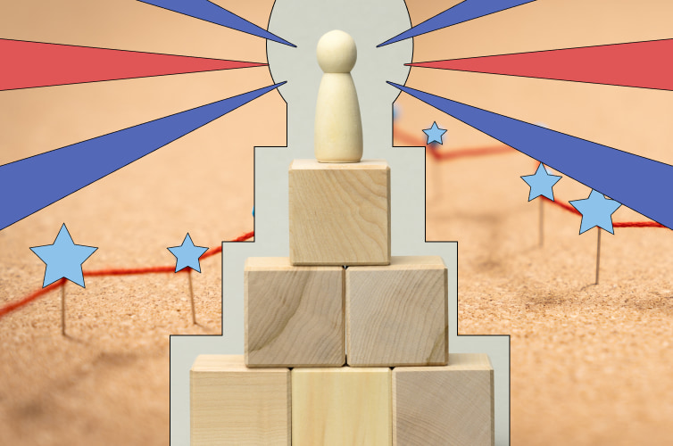 Figurine standing on top of a brick tower, representing success and personal development