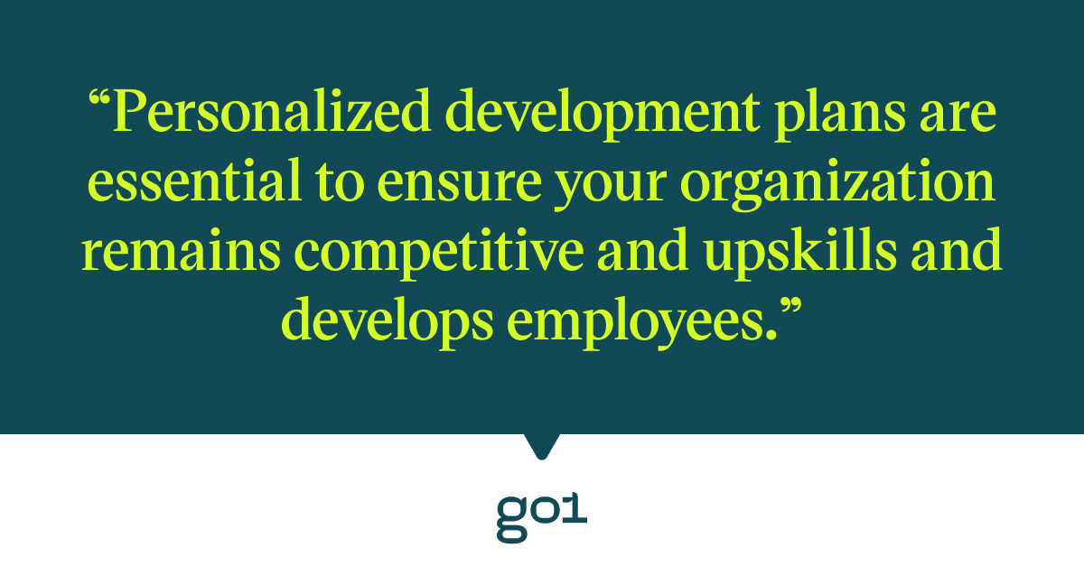 Pull quote with the text: Personalized development plans are essential to ensure your organisation remains copetitive and upskills and develops employees